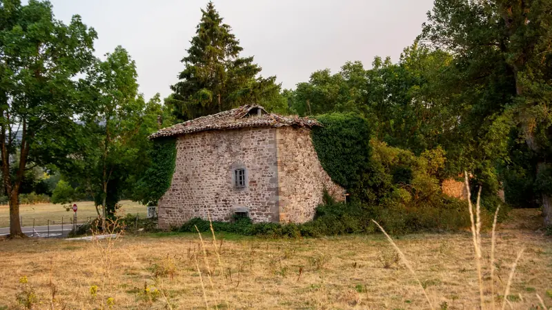 Petite maison rustique en pierre au milieu d'un pré, entourée d'arbres