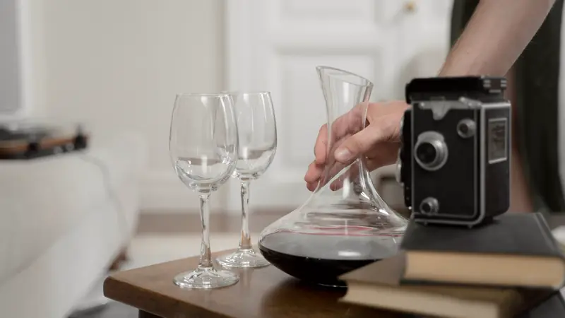 Carafe de vin rouge et verres posés sur une table basse