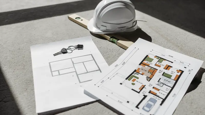 Clés et plans d'une maison posés au sol à côté d'un casque de chantier