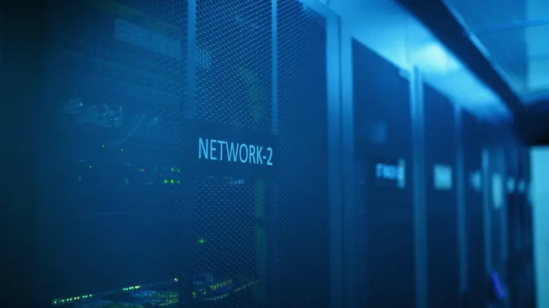 Baies de serveurs informatiques éclairées en bleu dans un centre de données