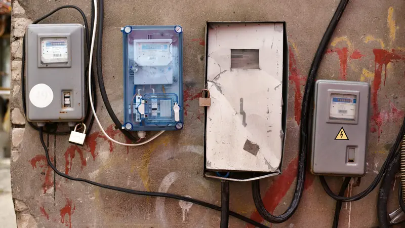 Anciens compteurs et coffrets électriques fixés à un mur