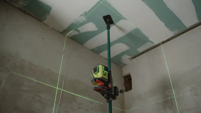 Niveau laser projetant des lignes vertes dans une pièce en travaux