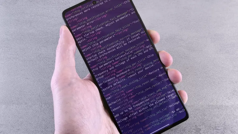 Main tenant un smartphone dont l'écran affiche des lignes de code informatique