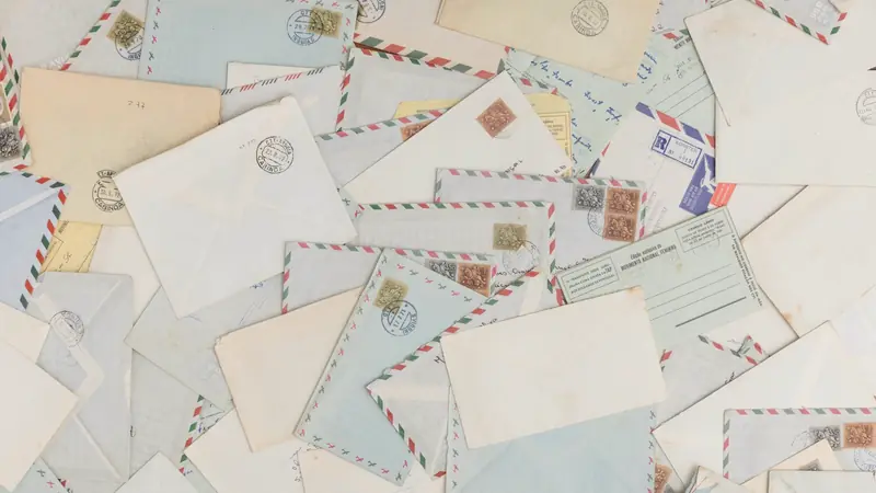 Enveloppes anciennes timbrées et oblitérées éparpillées sur une table
