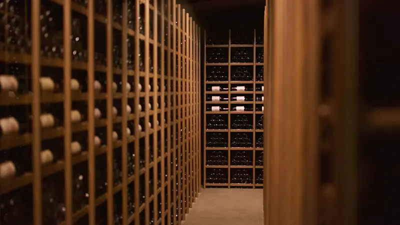 Allée de casiers en bois remplis de bouteilles dans une cave