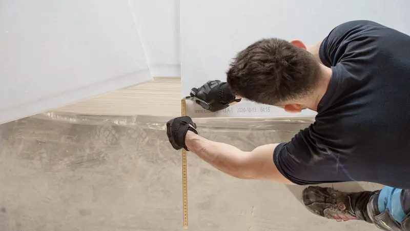 Artisan prenant des mesures au sol avec un mètre