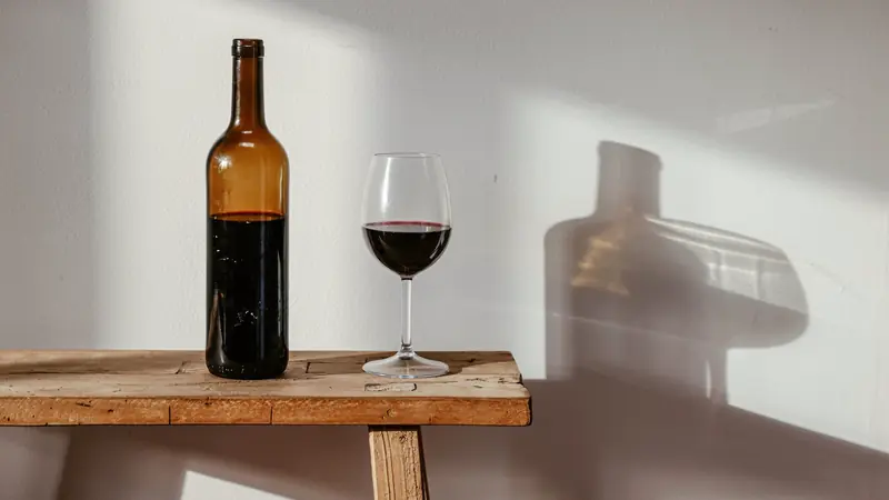 Bouteille et verre de vin rouge posés sur un tabouret en bois