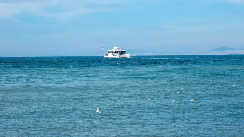 Bateau de passagers naviguant au loin sur une mer bleue