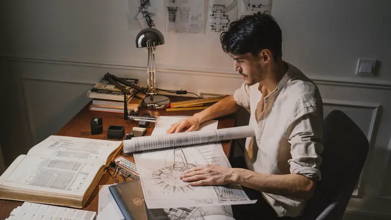 Architecte assis à son bureau, penché sur des plans de construction déroulés sous une lampe