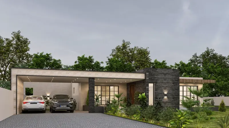 Maison contemporaine de plain-pied à toit plat, avec carport, mur en pierre sombre et jardin planté devant