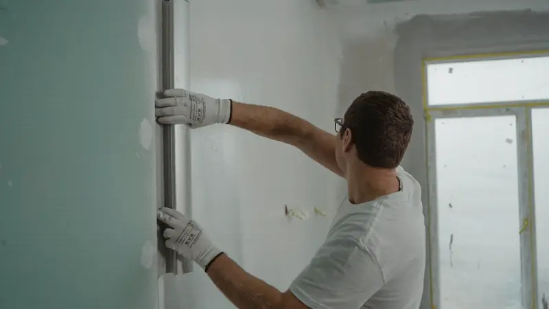 Homme en tee-shirt blanc et gants de travail qui applique une règle métallique contre un mur fraîchement enduit