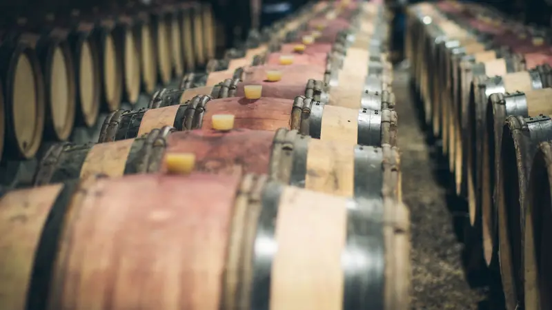 Rangées de barriques de chêne tachées de vin dans un chai